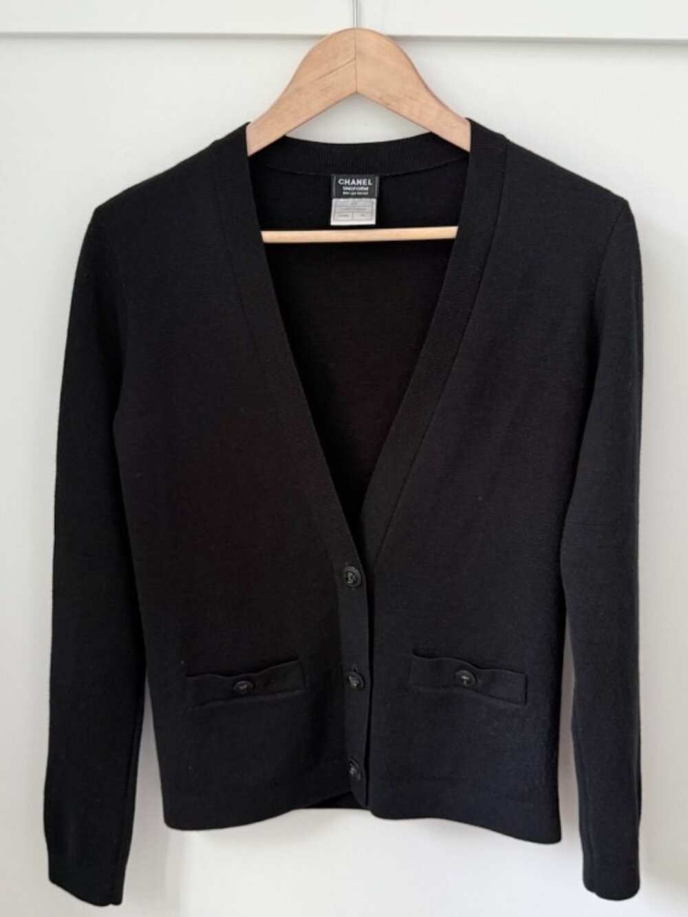 CHANEL Uniform Black V-Neck Knit Cardigan Sweater Wool Cotton XS